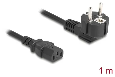 Imagen del producto de Cable de alimentación Delock, conector de protección CEE 7/7 de 90 grados, a conector hembra C13, 1 metro, 3 x 0,75 mm², color negro