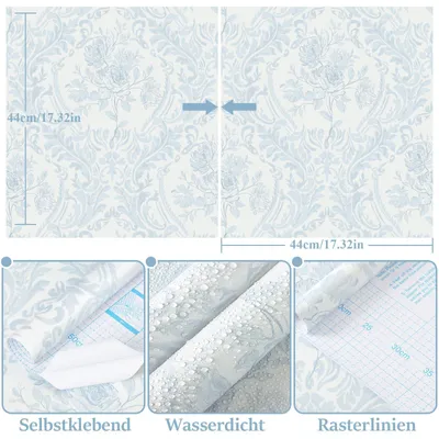Imagen del producto de Papel tapiz adhesivo, color azul, con motivos florales, de 44 x 300 cm, resistente al agua, para paredes y muebles