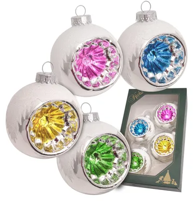 Produktbild von Krebs Glas Lauscha Weihnachtsbaumkugeln 4er Set - Reflexkugeln Retro mit Schneedach - aus Glas - ca. 7 cm