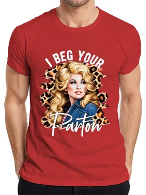 Imagen del producto de Camiseta para hombre, estilo retro, con la imagen de la cantante de música country "I Beg Your Parton", diseño "Western", talla L, color rojo