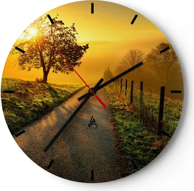 Produktbild von Wanduhr - Rund - Glasuhr - Feld Straße Baum - 30x30cm - Schleichendes Uhrwerk - Lautlos - zum Aufhängen bereit - Dekoration Modern - Wanddekoration aus Glas - C3AR30x30-3851