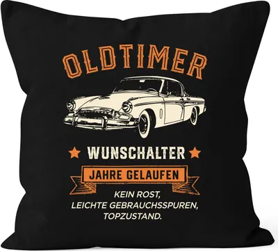 Produktbild von Kissen-Bezug Geburtstag personalisierbar Wunschalter Oldtimer Retro Design Print Vintage Auto Geschenk für Männer Moonworks® schwarz 40cm x 40cm