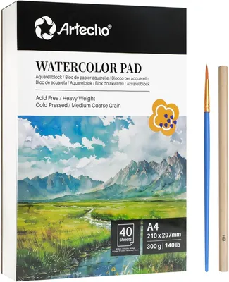 Zdjęcie produktu dla Blok papieru akwarelowego A4, 40 arkuszy, z pędzlem akwarelowym i ołówkiem, papier akwarelowy o gramaturze 300 g/m², blok papieru artystycznego, szkicownik akwarelowy do malowania i rysowania