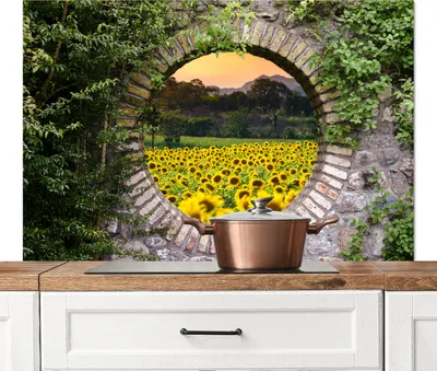 Obrázek produktu pro KitchenYeah® Splashback kitchen - Kuchyňský splashback - Ochrana stěny sporáku a dřezu - Průhledný - Květiny - Slunečnice 120x80 - Alu-Dibond (alternativa ke skleněnému splashbacku) - Tepelně odolný - H