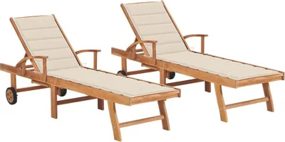 Produktbild von Sonnenliegen 2 Stk. mit Creme Auflagen Massivholz Teak