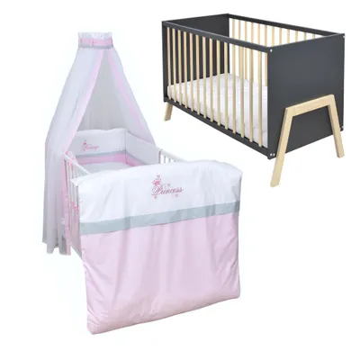 Produktbild von Babybett Kinderbett Gitterbett Juna 60x120 Anthrazit Schutzgitter Matratze Bettwäsche Set 10tlg Princess