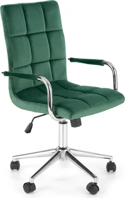 A green velvet office chair with a chrome base and wheels, shown against a white background.