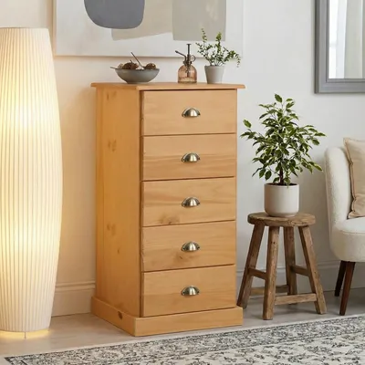 Produktbild von Kommode PARIS aus Kiefer massiv gebeizt/gewachst, schöne Schubladenkommode mit 5 Schubladen, praktische Mehrzweckkommode mit Muschelgriffe