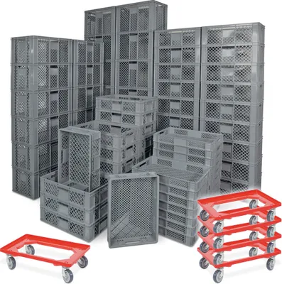 Produktbild von 78 Stück Stapelkörbe/Bäckerkästen in 5 Größen, Grundmaß LxB 600 x 400 mm, H 90 mm, 150 mm, 240 mm, 320 mm, 410 mm, Farbe grau + 5x Transportroller, rot