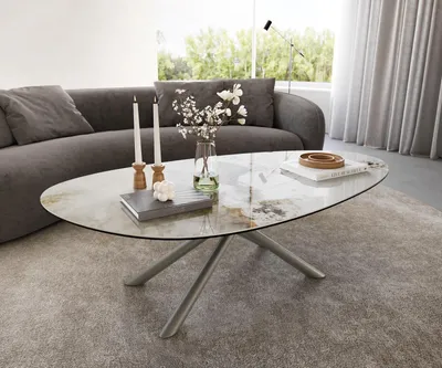 Produktbild von DELIFE Couchtisch Edge Oval 140x75 cm Keramik Minas Melange Sarity Metall Effektfinish Titan