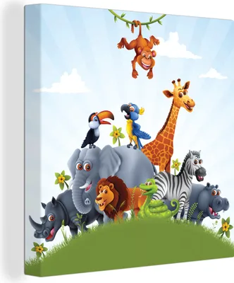 Produktbild von MuchoWow® - Leinwandbilder - Dschungel - Illustration - Wildtiere - Jungen - Mädchen - Kind, Wandbild, Wanddeko Bilder Wohnzimmer, 90x90 cm