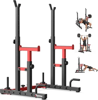 Produktbild von Squat Rack Hantelständer, Multi-Funktionales Langhantelständer, Höhenverstellbare Doppelte Langhantelablage mit Push up, Trainingsgerät für zu Hause,Gym Standard Max. bis 544 KG | Robuster Kniebeugenständer, höhenverstellbar, geeignet für Kniebeugen, Bankdrücken, Krafttraining, 544.3 kg, Rot