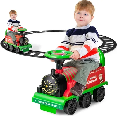 Produktbild von GOPLUS Kinder Elektro Zug, Kinderfahrzeug mit 16 STK. Schiene Set, 6V Kinder Aufsitz mit Licht, Musik, Zugpfeife & Stauraum, Elektro Kinderauto für Kinder ab 3 Jahren, Belastbar bis 25 kg (Grün)