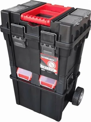 A black rolling toolbox with a red handle and clear compartments.