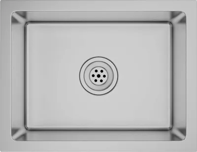 A top-down view of a stainless steel sink with a drain in the center.