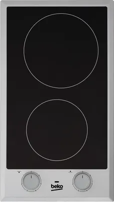 A top-down view of a black and silver electric stovetop with two heating elements and two control knobs.