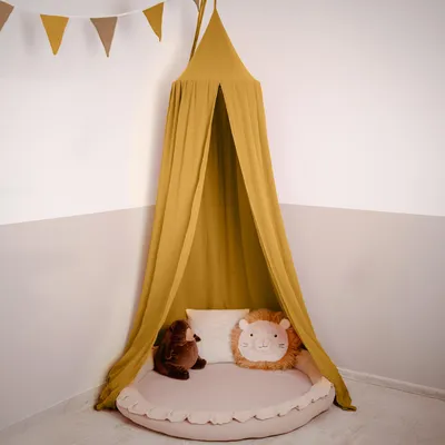 Imagen del producto de Dosel amarillo mostaza sin aplicación dorada - Cielo de cama para habitación infantil