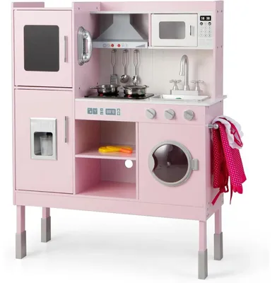 Image de Cuisine jouet en bois pour enfants - Cuisine pour enfants - Ensemble de 16 accessoires - Hotte aspirante - Distributeur de glaçons - Téléphone - Lave-linge - 3 à 6 ans - Rose