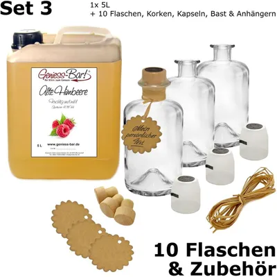 Produktbild von Alte Himbeere 5L inkl. 10 Flaschen, Korken, Kapseln, Bast & Anhänger 40% Vol. Himbeer Schnaps Obstler Spirituose