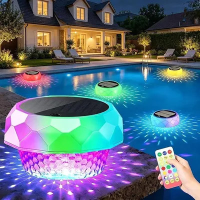 Produktbild von PolkaHome® Solar Teichbeleuchtung, Schwimmende Whirlpool-Lichter mit Fernbedienung, Farbwechsel RGB LED Pool Licht Solar, IP68