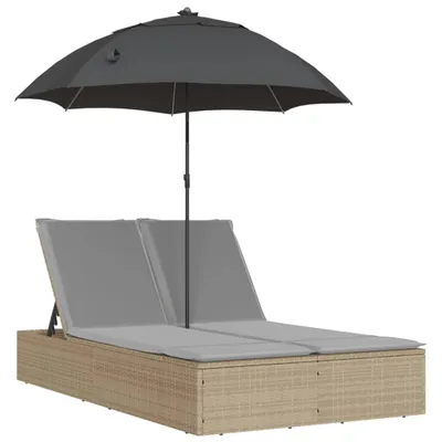 Produktbild von vidaXL Doppel-Sonnenliege mit Kissen & Sonnenschirm Beige Poly Rattan