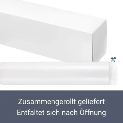 A white box and a rolled-up white item, possibly a mattress or bedding, with scissors icon indicating it needs to be cut open. Text below indicates it is delivered rolled and unfolds after opening.