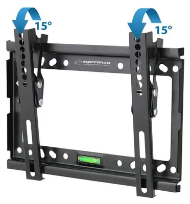 A black metal TV wall mount is shown against a white background. Blue arrows indicate a 15-degree tilt adjustment on the top of the mount.