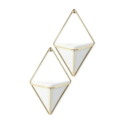 Produktbild von Umbra Wall Display Trigg Wandbehältnis, 2er Set, Blumentopf, Blumenkasten, Pflanzentopf, Übertopf, Kermik / Draht, Weiß / Messing, 470753-524