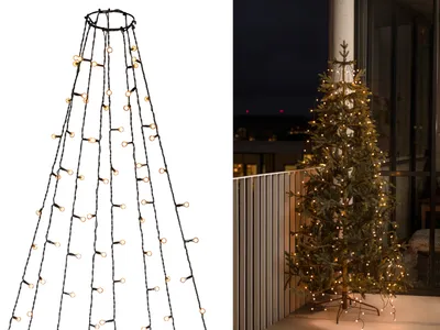 Produktbild von LED Baummantel mit Ring Ø 15, mit Globes, 8 Stränge à 50 Dioden, vormontiert, 400 bernsteinfarbene Dioden, 24V_Außentrafo, schwarzes Kabel