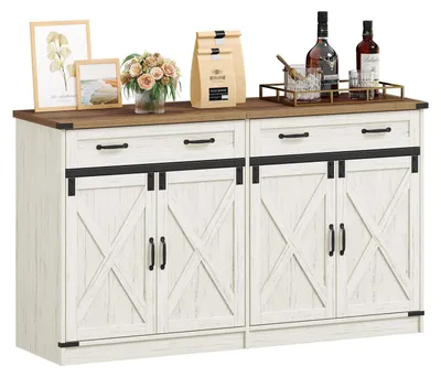 Immagine prodotto di Mobile contenitore con 2 cassetti e 4 ante, stile rustico, colore bianco vintage e marrone miele, dimensioni 140 x 80 x 40 cm