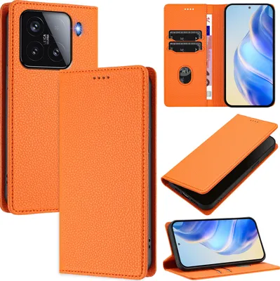 Produktbild von Litchi Leder Handyhülle für Xiaomi 15 Wallet Kartenfächer Standfunktion Hülle Orange