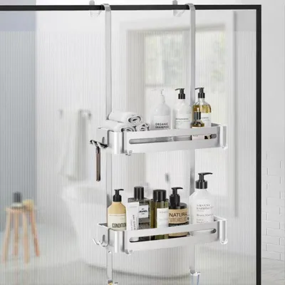 Immagine prodotto di Portaoggetti da appendere per doccia, senza necessità di foratura, per porte doccia in vetro, in lega di alluminio argentata, con ganci