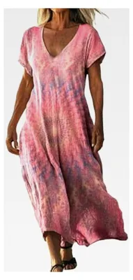 Produktbild von Damen Sommerkleid Leicht und Luftig Boho Kleid Elegant Lässig Kurzarm V-Ausschnitt Maxikleid A-Linie Blumenkleid Freizeitkleid Curvy Kleid Badeanzug Strandponcho