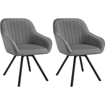 Two gray upholstered chairs with black legs on a white background.