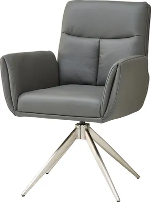 A gray leather armchair with a swivel base.