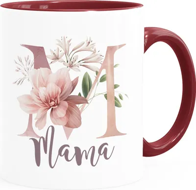 Produktbild von Kaffee-Tasse Muttertag Monogramm Initilale Anfangsbuchstabe M Blüten Blumen Geschenk für Mama SpecialMe® weiss-innen-bordeauxrot Keramik-Tasse