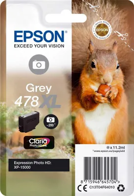 Zdjęcie produktu dla Epson Squirrel Singlepack Grey 478XL Claria Photo HD Ink, Wysoka (XL) wydajność, Szary, Atrament barwnikowy, 11,2 ml, 1 szt., 200 stron(y)