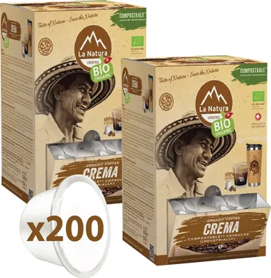 Produktbild von La Natura Kapseln CREMA Kaffee XXL BOX 200 Kaffeekapseln | La Natura Lifestyle Organic 1020g| biobasiert | Nespresso®*³ kompatibel
