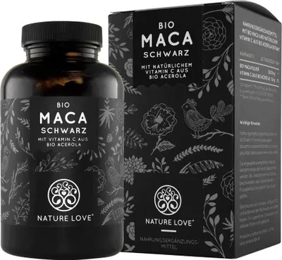 Produktbild von Nature Love®  Maca Kapseln (schwarz) | 180 Kapseln | 3000 mg  Maca je Tagesdosis | mit Vitamin C aus  Acerola | vegan