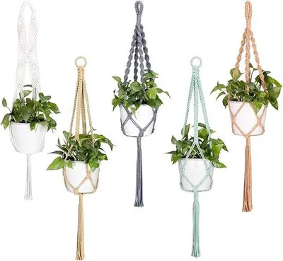 Image de Lot de 5 supports pour plantes en macramé, pour l'intérieur et l'extérieur, longueur 100 cm