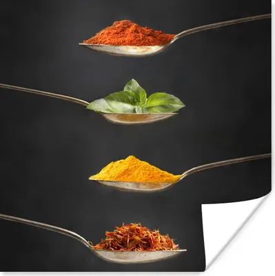 Produktbild von MuchoWow® Poster Kräuter - Löffel - Gewürze - Schwarz - Italienisch 75x75 cm - Wand Dekoration