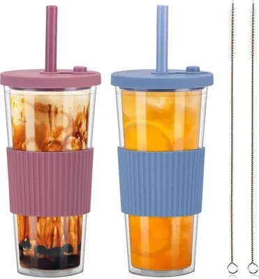 Image de Bubble Tea Gobelet 24oz avec paille et couvercle en rouge brique et bleu haze