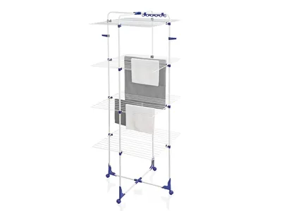 A tall, multi-tiered drying rack with towels draped over some of the levels, set against a white background.