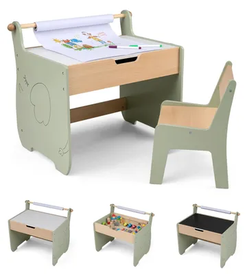 Produktbild von Kindertisch mit Stuhl, Abnehmbarer Kinderschreibtisch mit Stauraum, Kindersitzgruppe mit doppelseitiger Tafel, Kinder Tisch Stuhl Set, Hellgrün, Natur