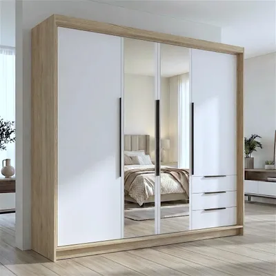 Produktbild von Geräumiger vier-türiger Kleiderschrank VIVO mit Schubladen und Metallgriffen – modernes Design