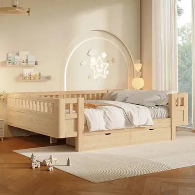 Obrázok produktu pre Postel pre deti Merax, 140x200 cm, platformová posteľ s vysokým zábradlím, 2 zásuvky, masívna posteľ s úložným priestorom pre tínedžerov, jednolôžková posteľ, prírodná farba