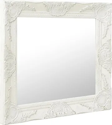 A white baroque-style wall mirror is shown against a white background.
