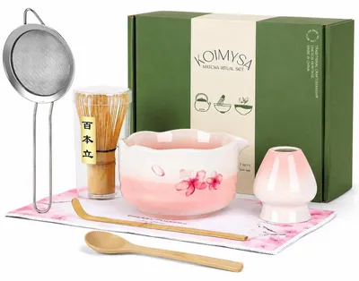 Produktbild von Matcha Besen Set 5-teilig Keramik Schale Bambus Besen Halter Löffel Sieb Kirschblüte Rosa