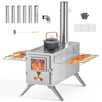 Image de Réchaud de camping à bois - Poêle de tente en acier inoxydable avec cheminée - Compact et pliable
