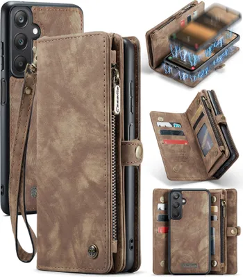 Image de Étui pour Samsung Galaxy A25, étui en cuir multifonctionnel vintage avec fentes pour cartes et fermeture à glissière, marron